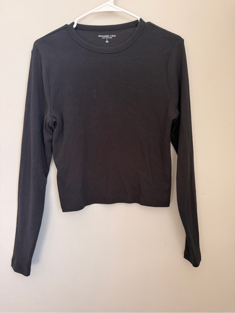 Abercrombie Essentials Long-Sleeve Ribbed Crew Top - Size L Black
